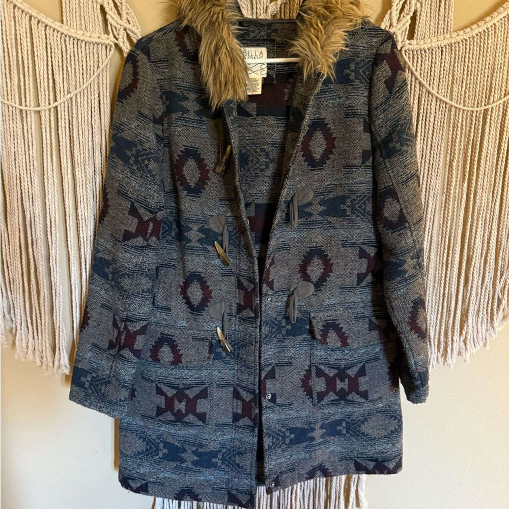 Billabong Blue and Gray Patterned Utility Jacket with Faux Fur Collar